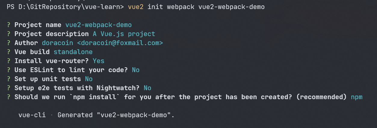 使用 `vue2 init webpack vue2-webpack-demo` 创建 Vue 2 项目